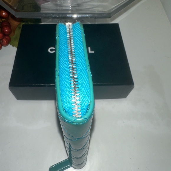 Chanel Quilted Patent Leather Zip Around Wallet Turquoise - Picture 7 of 14